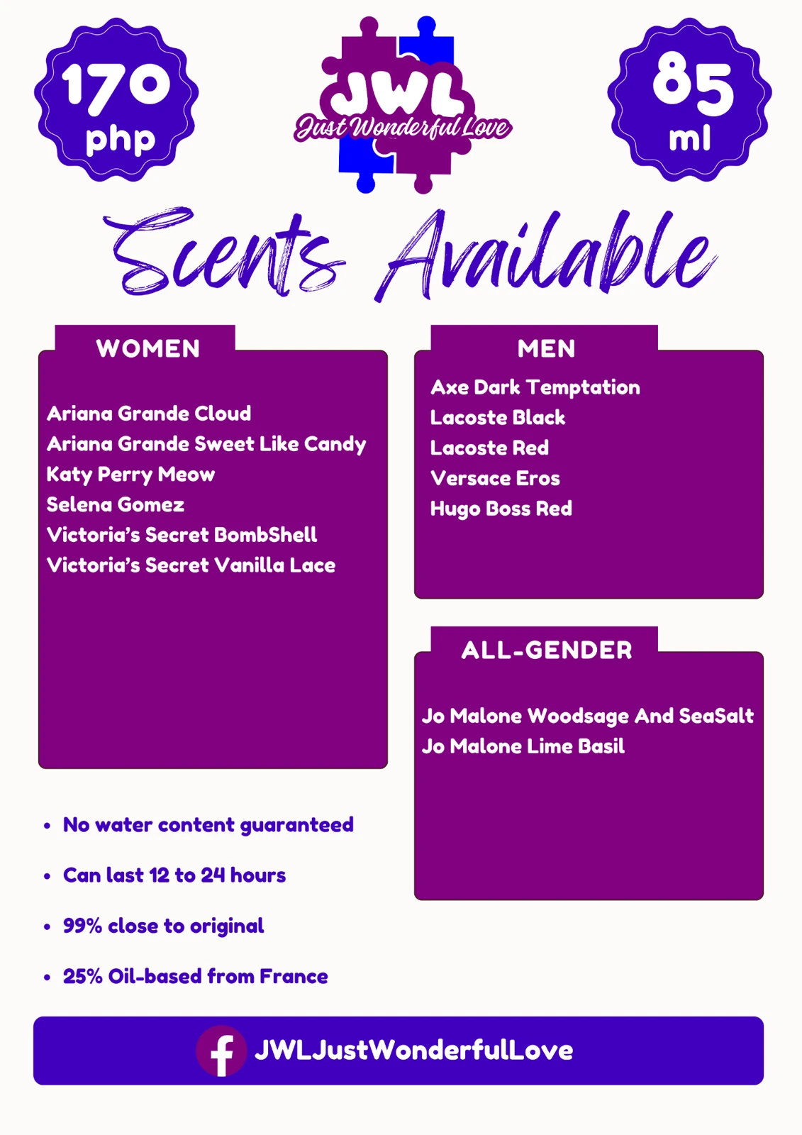 JWL Just Wonderful Love Available scents portfolio sample